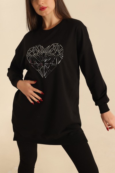 Siyah Kalp Gofre Baskılı Sweat 214402
