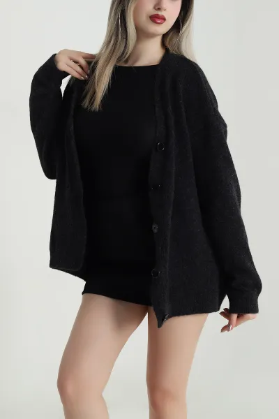 Siyah Kalp Nakışlı Triko Kadın Hırka 489433