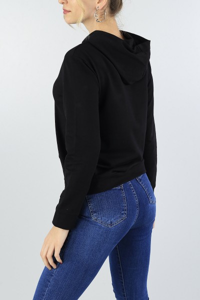 Siyah Kanguru Cep Bayan Kapüşonlu Sweat 54795