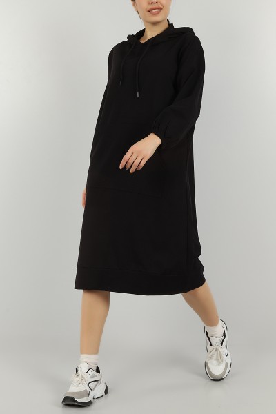 Siyah Kanguru Cep Kapüşonlu Tunik Elbise 146210
