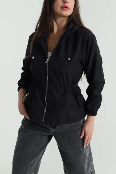 Siyah Kapşonlu Fermuarlı Paraşüt Kadın Ceket 484024
