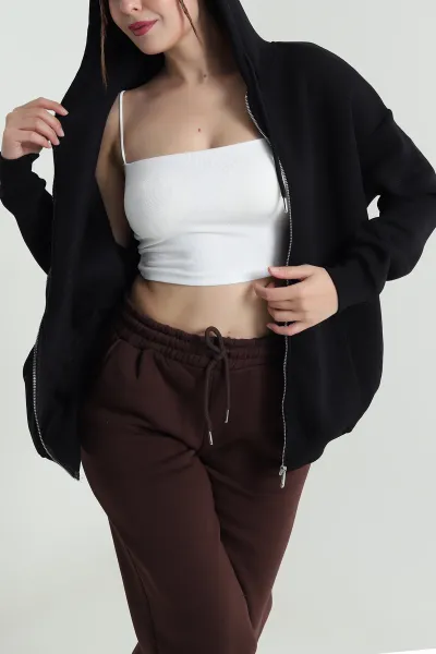 Siyah Kapşonlu Şardonlu Üç İp Kadın Sweat 482261
