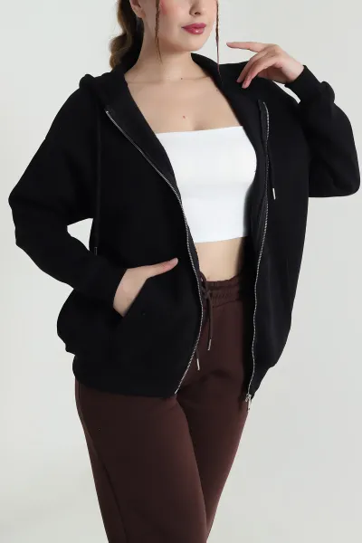 Siyah Kapşonlu Şardonlu Üç İp Kadın Sweat 482261