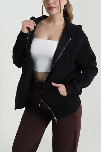 Siyah Kapşonlu Şardonlu Üç İp Kadın Sweat 482261