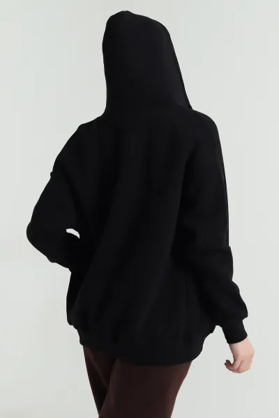Siyah Kapşonlu Şardonlu Üç İp Kadın Sweat 482261