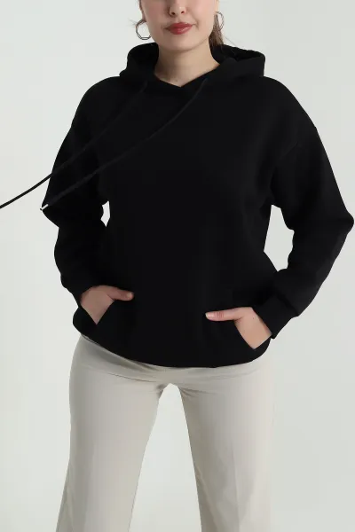 Siyah Kapşonlu Şardonlu Üç İp Kadın Sweat 484976