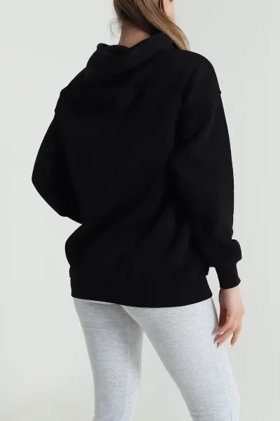 Siyah Kapşonlu Şardonlu Üç İp Kadın Sweat 484982
