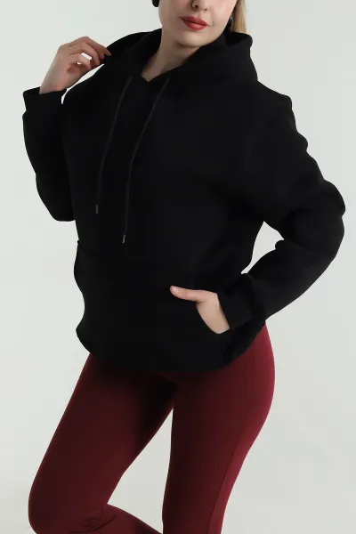 Siyah Kapşonlu Şardonlu Üç İp Kadın Sweat 496110