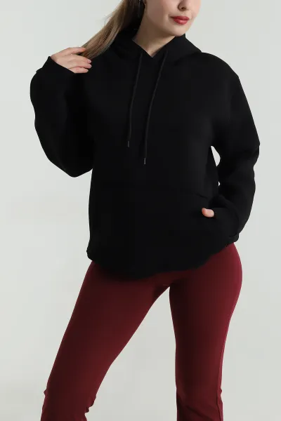 Siyah Kapşonlu Şardonlu Üç İp Kadın Sweat 496110