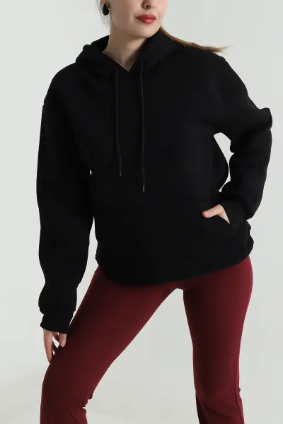 Siyah Kapşonlu Şardonlu Üç İp Kadın Sweat 496110
