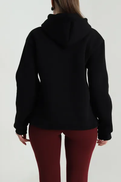 Siyah Kapşonlu Şardonlu Üç İp Kadın Sweat 496110