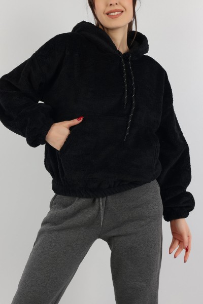 Siyah Kapüşonlu Cepli Yumoş Sweat 151234