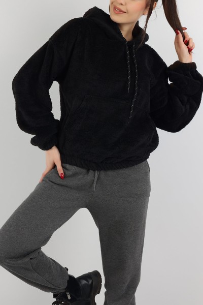 Siyah Kapüşonlu Cepli Yumoş Sweat 151234