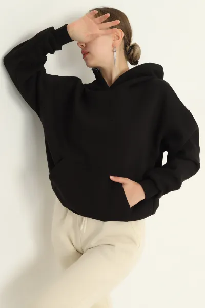 Siyah Kapüşonlu İçi Şardonlu Basic Sweat 292840