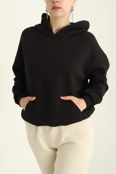 Siyah Kapüşonlu İçi Şardonlu Basic Sweat 292840