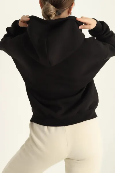 Siyah Kapüşonlu İçi Şardonlu Basic Sweat 292840