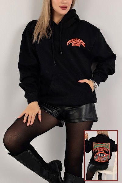 Siyah Kapüşonlu İçi Şardonlu Bayan Sweat 143409