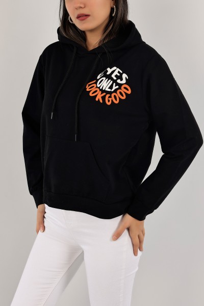 Siyah Kapüşonlu İki İp Bayan Sweat 136601