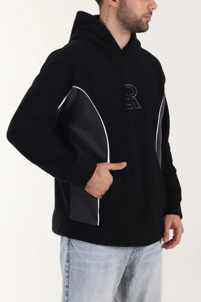 Siyah Kapüşonlu Nakış Detaylı Erkek Sweatshirt 408758