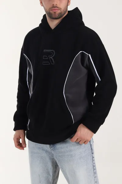 Siyah Kapüşonlu Nakış Detaylı Erkek Sweatshirt 408758