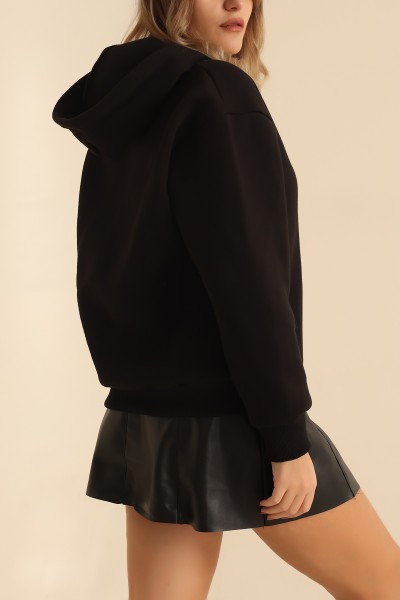 Siyah Kapüşonlu Şardonlu Bayan Sweat 217686