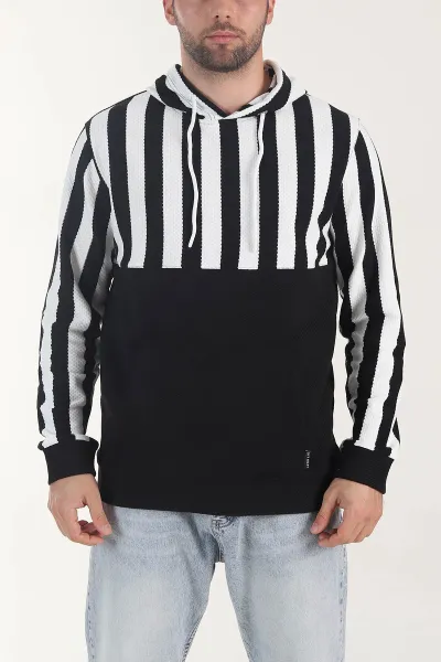 Siyah Kapüşonlu Şerit Detaylı Erkek Sweatshirt 408063