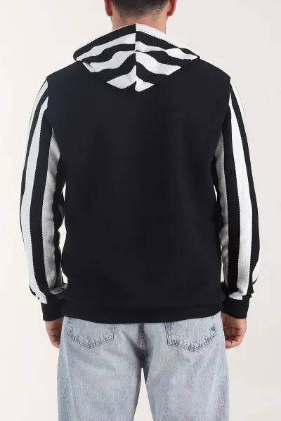 Siyah Kapüşonlu Şerit Detaylı Erkek Sweatshirt 408063