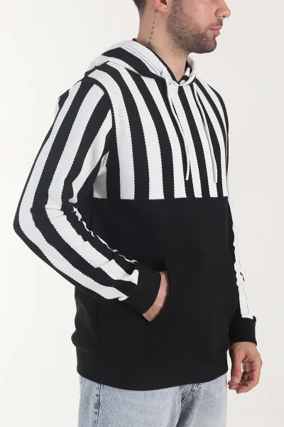 Siyah Kapüşonlu Şerit Detaylı Erkek Sweatshirt 408063