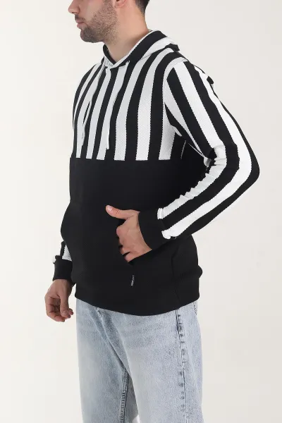 Siyah Kapüşonlu Şerit Detaylı Erkek Sweatshirt 408063