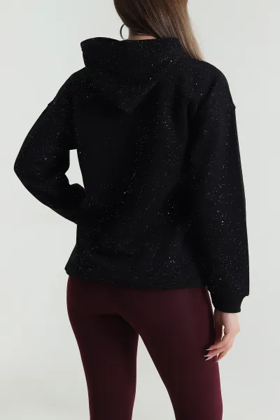 Siyah Kapüşonlu Simli Kadın Sweat 489380