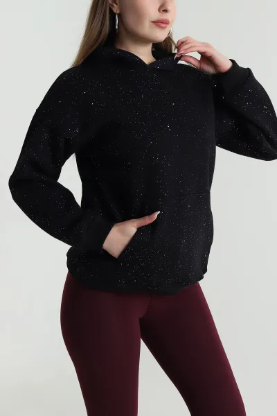 Siyah Kapüşonlu Simli Kadın Sweat 489380