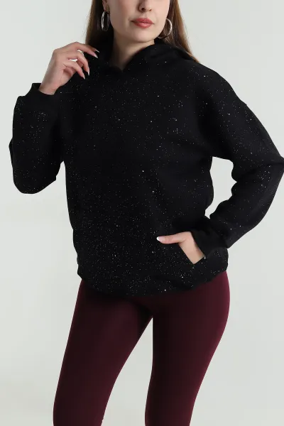 Siyah Kapüşonlu Simli Kadın Sweat 489380