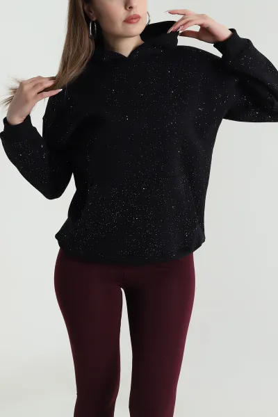 Siyah Kapüşonlu Simli Kadın Sweat 489380