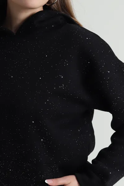 Siyah Kapüşonlu Simli Kadın Sweat 489380