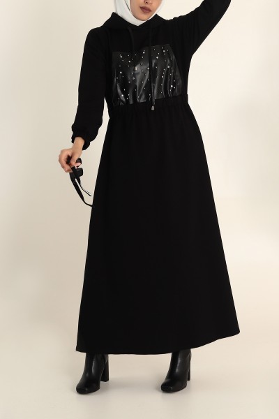 Siyah Kapüşonlu Trop Taş İşlemeli Belden Lastikli Deri İki İp Elbise 213786