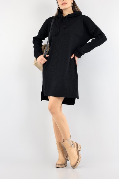 Siyah Kapüşonlu Tunik Elbise 91038