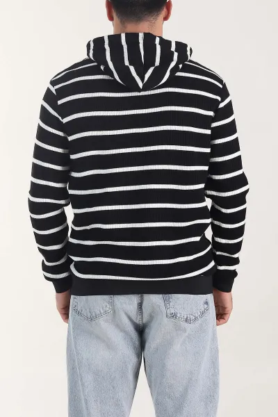 Siyah Kapüşonlu Yazı Detaylı Çizgili Erkek Sweatshirt 407969