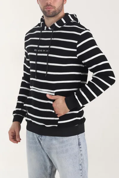 Siyah Kapüşonlu Yazı Detaylı Çizgili Erkek Sweatshirt 407969
