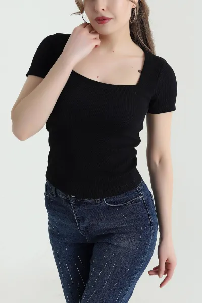 Siyah Kare Yaka Fitilli Kadın Bluz 441319