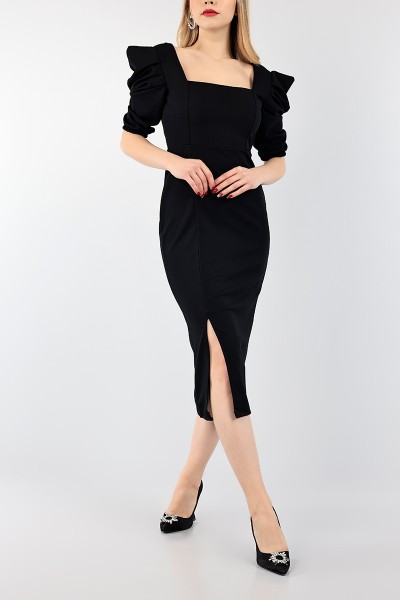 siyah-kare-yaka-yirtmacli-elbise-96849