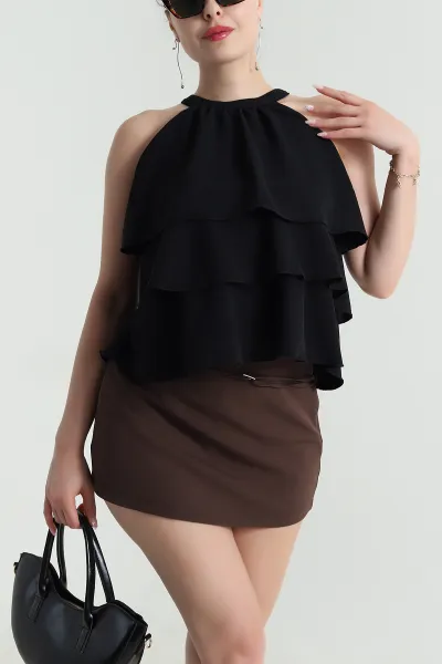 Siyah Katlı Sunshine Kumaş Kadın Bluz 481281