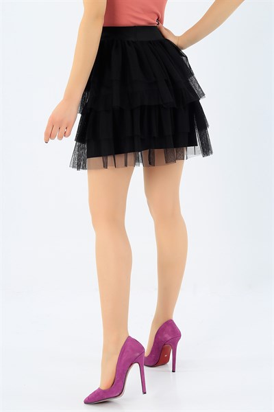 Siyah Katlı Tül Mini Etek 27156B