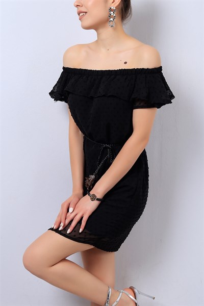 Siyah Kayık Yaka Bayan Şifon Elbise 14218B