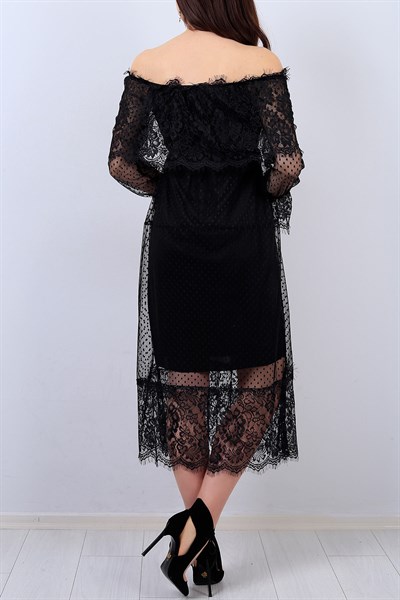 Siyah Kayık Yaka Bayan Tül Elbise 13873B
