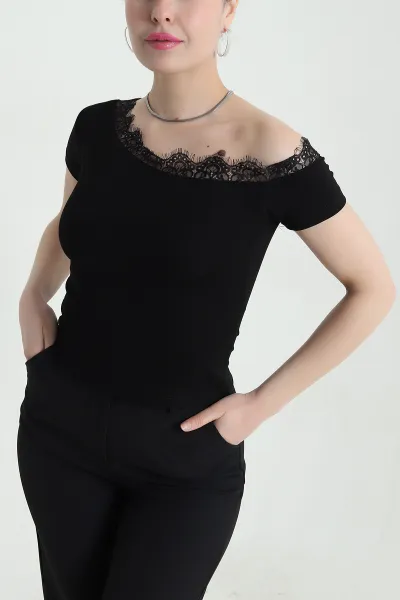 Siyah Kayık Yaka Dantel Oysho Kadın Bluz 452727