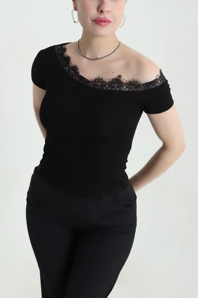Siyah Kayık Yaka Dantel Oysho Kadın Bluz 452727