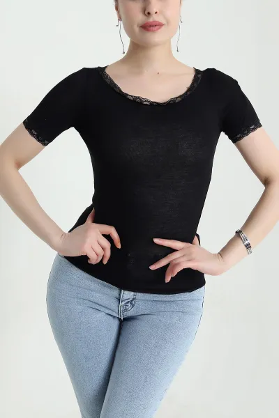 Siyah Kayık Yaka Dantelli Kadın Viskon Bluz 456711