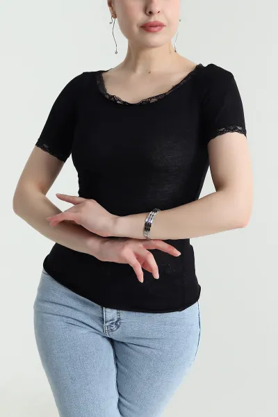 Siyah Kayık Yaka Dantelli Kadın Viskon Bluz 456711