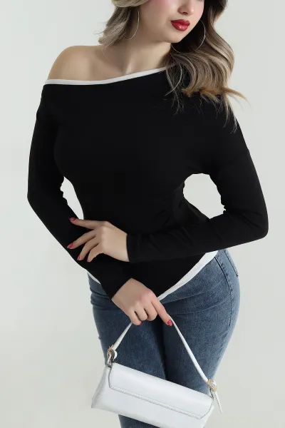 Siyah Kayık Yaka Likralı Kadın Bluz 497617