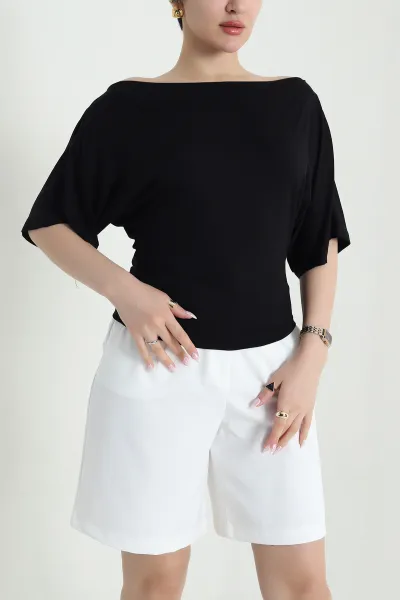 Siyah Kayık Yaka Likralı Oysho Kadın Bluz 455991